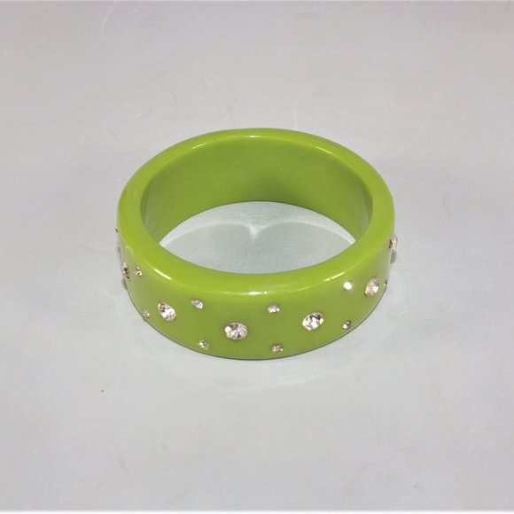 Lime Green Vintage Acrylic Bangle with Rhinestone Accents - Picture 3 of 4